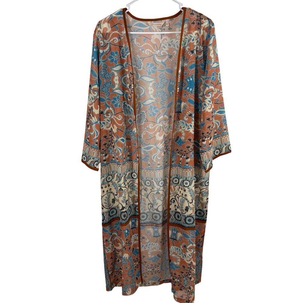 Soft Surroundings Kimono Duster Womens L Orange Boho Hippie Festival Lightweight